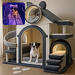 A tiny puppy wearing a cute bow headband sits attentively on a striped bedspread, with a person's legs and shoes casually resting in the background under soft purple lighting.