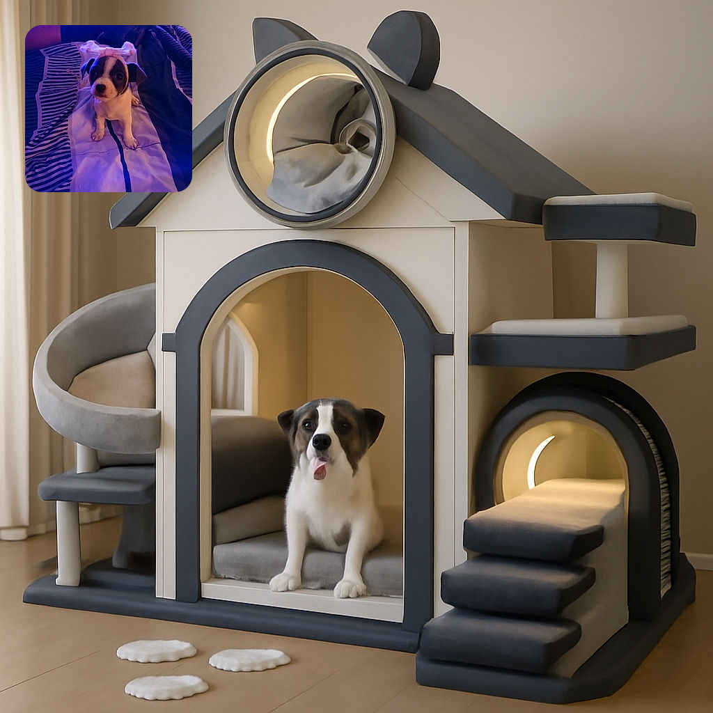 A tiny puppy wearing a cute bow headband sits attentively on a striped bedspread, with a person's legs and shoes casually resting in the background under soft purple lighting.