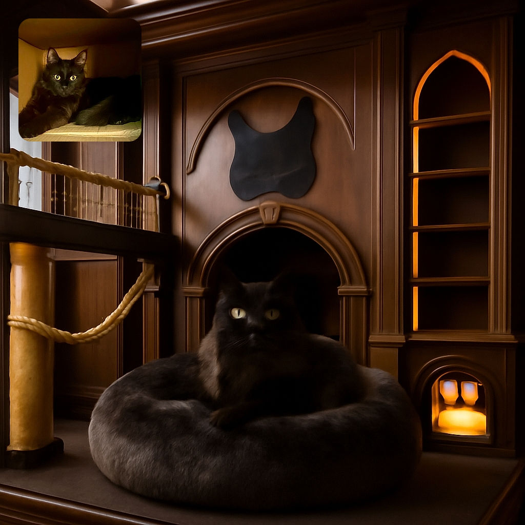 A mysterious black cat lounges comfortably inside a cozy cardboard box, its glowing yellow eyes piercing through the dim light while its fluffy tail curls beside it.