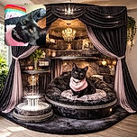 A close-up of a black cat wearing a pink sweater, looking curiously at the camera with bright eyes. The background shows a colorful striped blanket and a beige wall, giving a cozy indoor vibe.