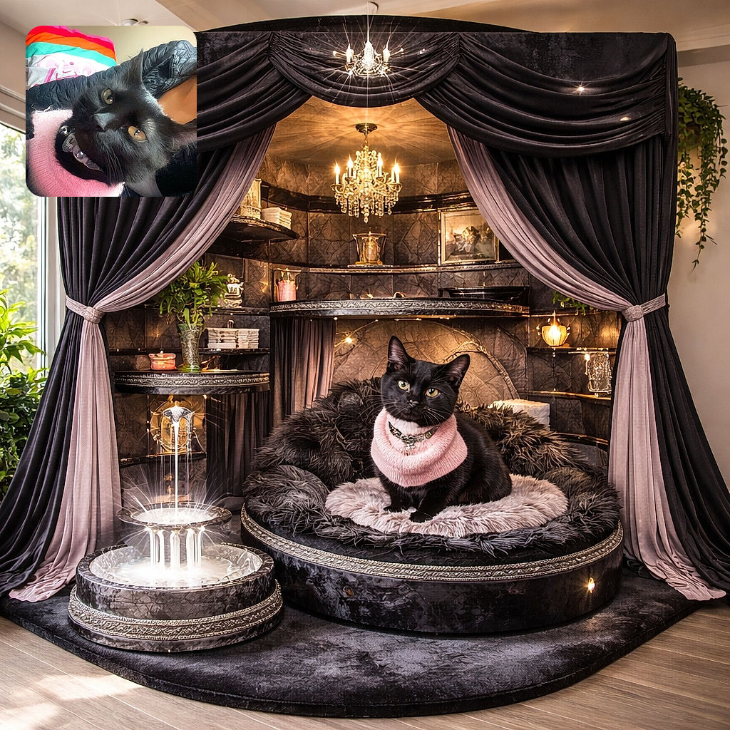 A close-up of a black cat wearing a pink sweater, looking curiously at the camera with bright eyes. The background shows a colorful striped blanket and a beige wall, giving a cozy indoor vibe.