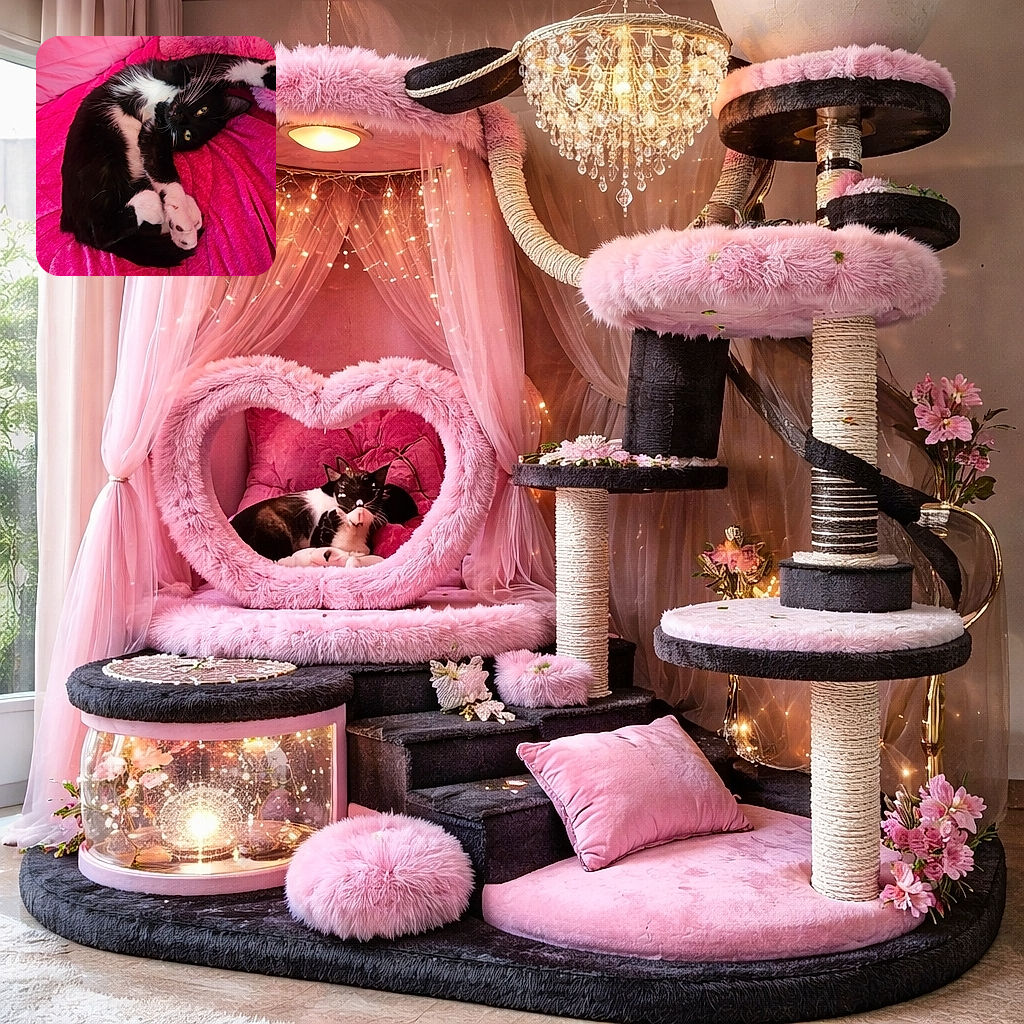 A black and white cat is curled up adorably on a bright pink blanket, striking a cozy pose with paws tucked in and eyes gazing curiously at the camera. The vibrant pink background contrasts beautifully with the cat's fur, making it look like the star of a comfy, colorful nap session.