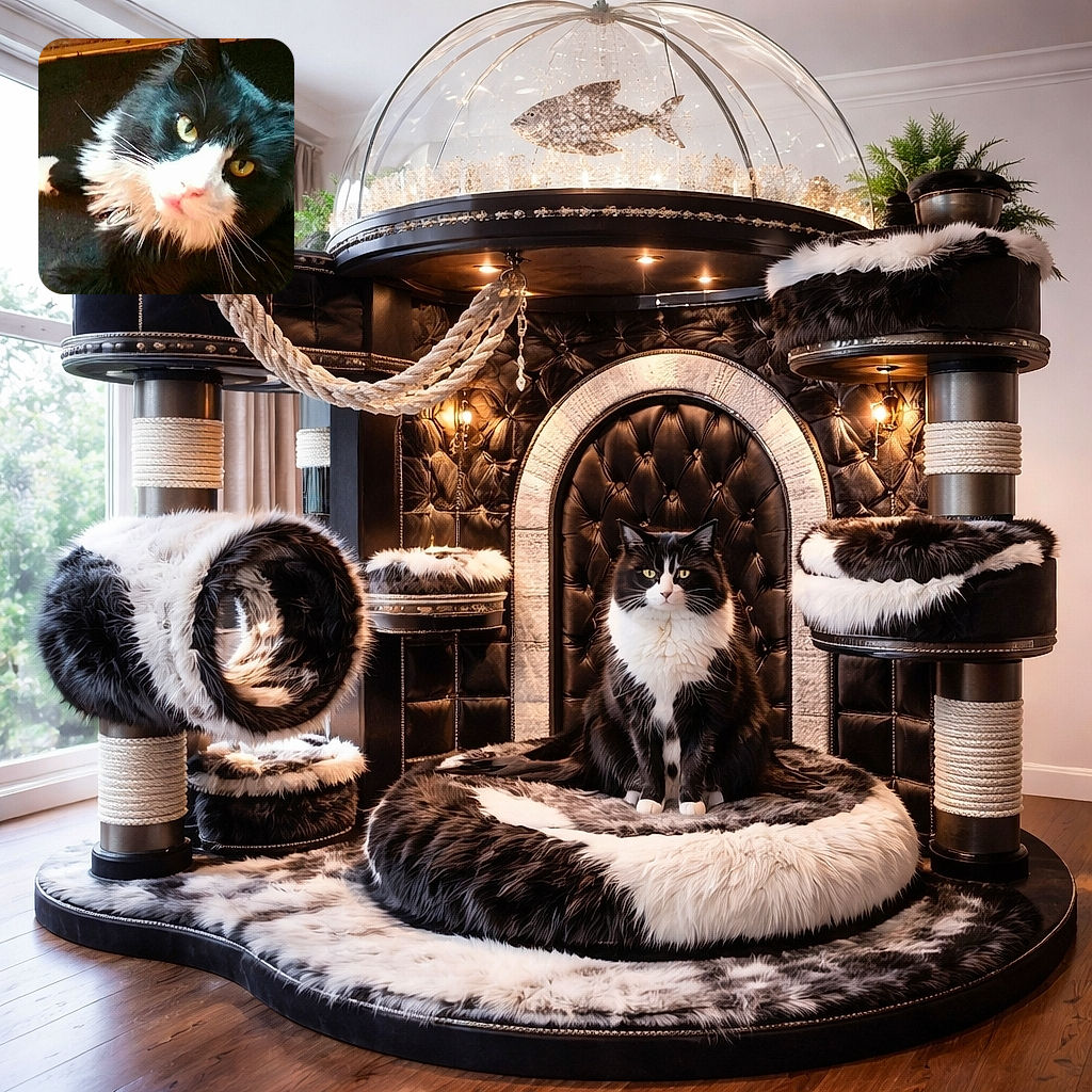A sassy tuxedo cat in dramatic close-up — big yellow eyes, pink nose and heroic whiskers stare up like it just solved the mystery of the missing treats. Fluffy black-and-white fur fills the frame against a dark background and a hint of wooden trim; this kitty demands admiration (and snacks).