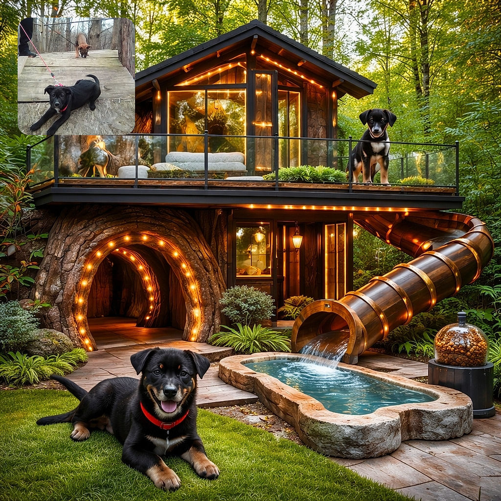Two curious puppies on a rustic wooden ramp in the woods — a black pup sprawled and staring like a tiny guardian, while a brown pup noses the plank below. Leashes, a pair of human legs at the top edge, and bare trees in the background complete this outdoorsy, slightly muddy adventure scene.