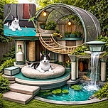 A relaxed black and white cat lounges on a worn-out trampoline mat, framed by the torn edges and surrounded by a backyard fence and some greenery, looking like the king of the backyard jungle.