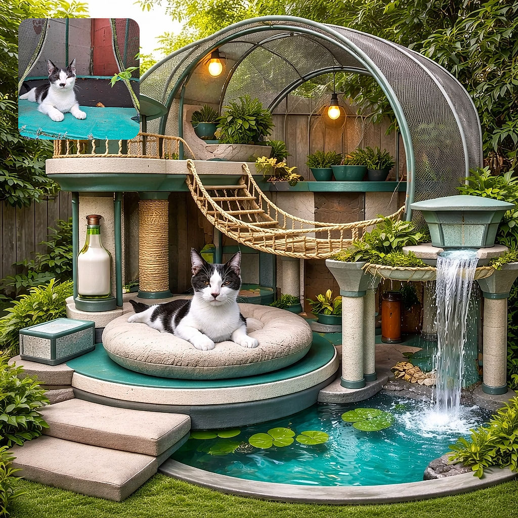 A relaxed black and white cat lounges on a worn-out trampoline mat, framed by the torn edges and surrounded by a backyard fence and some greenery, looking like the king of the backyard jungle.