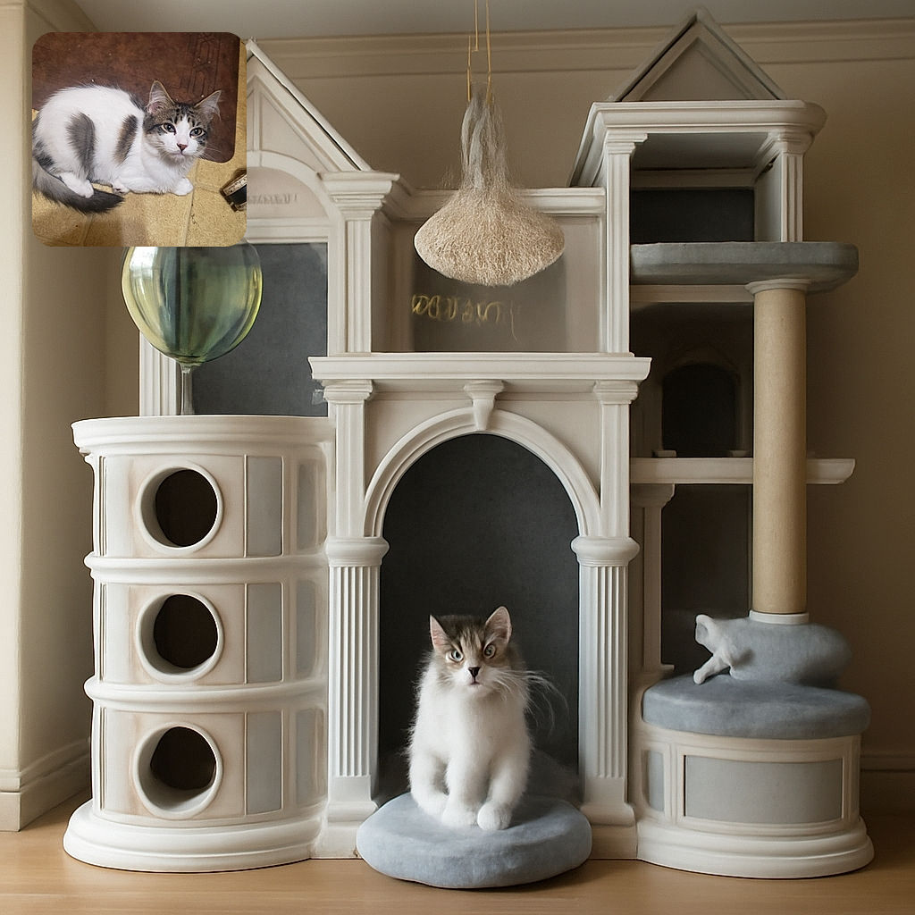 A fluffy white and gray cat is comfortably curled up on a tiled floor next to a brown mat, looking directly at the camera with curious eyes. The setting is casual and homey with a warm, earthy color palette.