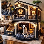 A guilty-looking black-and-white pup stares up like a tiny judge while surrounded by a plush army (including a suspicious yellow Pikachu), a chewed cardboard fortress, and a very cozy blanket — clearly ruling this corner of the room.