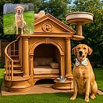 A dignified golden dog sporting a stylish white bow tie with black paw prints sits attentively on a lush green lawn, framed by a blurred wooden fence and garden in soft sunlight.