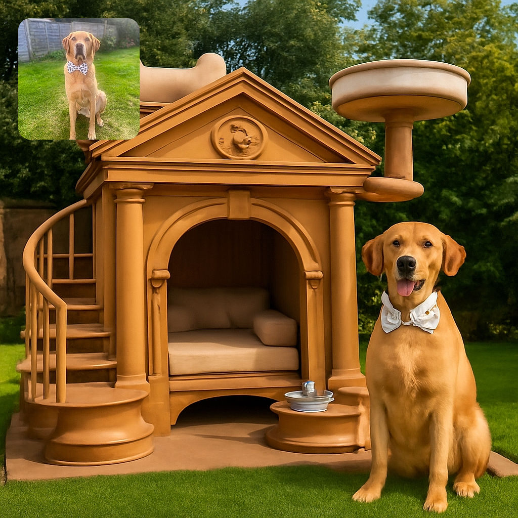 A dignified golden dog sporting a stylish white bow tie with black paw prints sits attentively on a lush green lawn, framed by a blurred wooden fence and garden in soft sunlight.