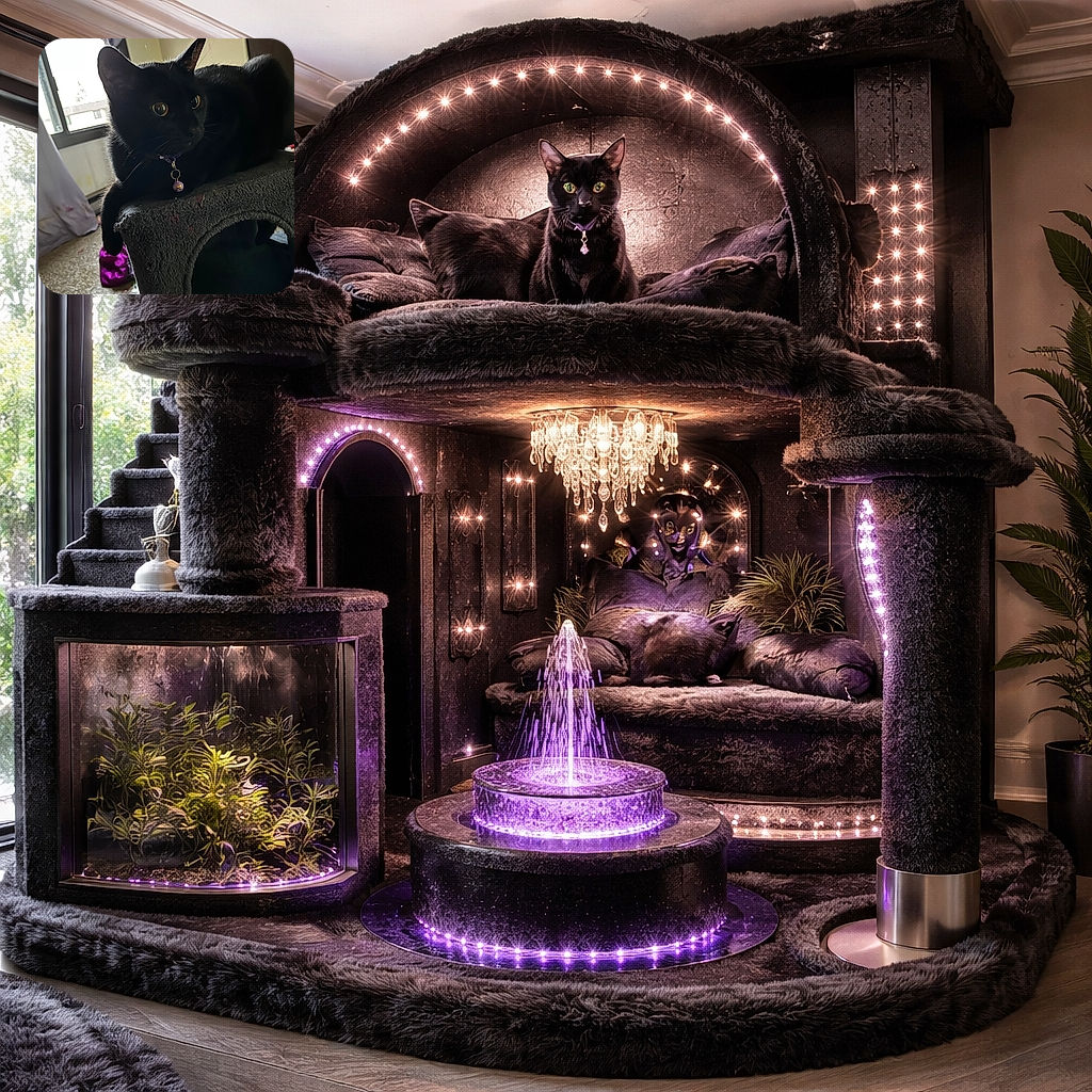 A sleek black cat with bright yellow eyes lounges on a textured cat tree, one paw dangling casually. The soft natural light from a nearby window highlights the cat's shiny fur and curious expression, while the room's details blur softly in the background.