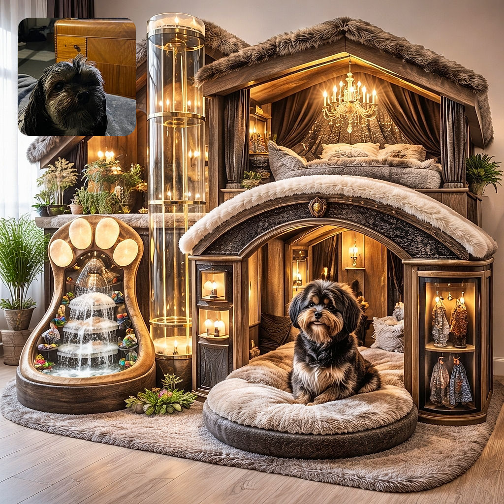 A sleepy little pup lounges on a blanket in dim, cozy lighting while a tiny plush chicken watches from atop a wooden dresser — cinematic shadows, tousled fur, and an expression that says "five more minutes."