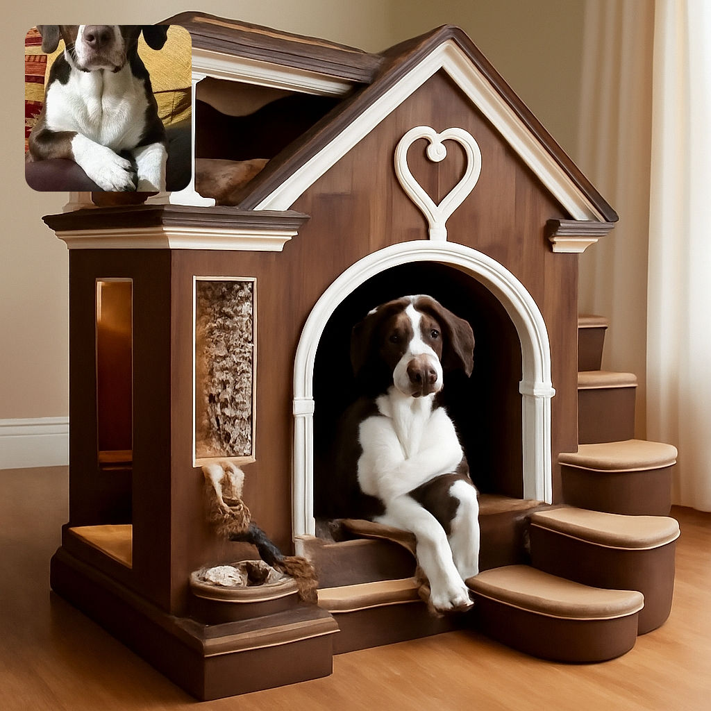 A serious-looking dog with a striking white chest and paws sits upright on a brown leather surface, posing like it owns the couch. The background shows a cozy indoor setting with curtains and a patterned cushion adding a homely vibe.