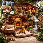 A cozy brown dog is curled up on the backseat of a car, resting its head on a soft pink pillow with a colorful leash draped over. The black leather seats and scattered items around add to the candid, everyday travel vibe.