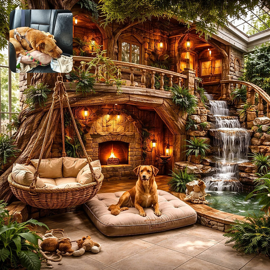 A cozy brown dog is curled up on the backseat of a car, resting its head on a soft pink pillow with a colorful leash draped over. The black leather seats and scattered items around add to the candid, everyday travel vibe.