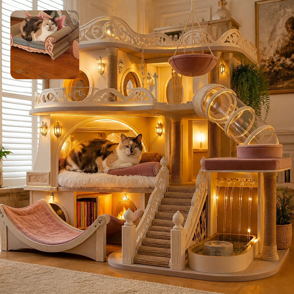 A fluffy calico cat lounges like royalty in an ornate miniature cardboard throne, giving the camera a dignified stare while surrounded by scratching pads, patterned cushions, and a warmly polished wooden floor.