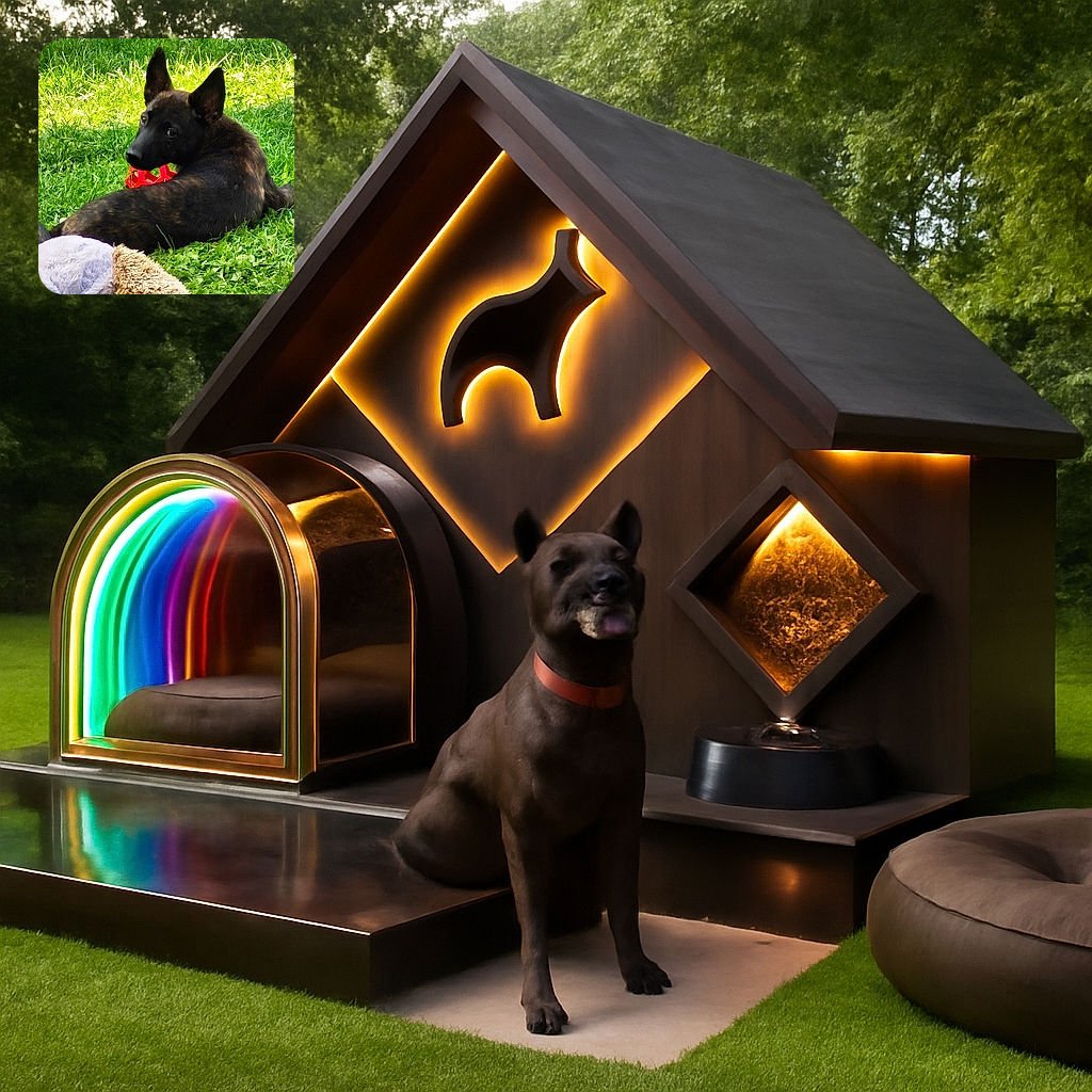 A curious dark dog lying on lush green grass, looking back with a playful gaze while holding a red toy in its mouth. Nearby, a fuzzy stuffed animal adds a cozy touch to the outdoor scene.