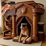 A cool dog sporting oversized black sunglasses, held gently by tattooed hands, chilling indoors with a relaxed vibe. The dog's serious face contrasts humorously with its stylish shades, making it look like the ultimate canine celebrity.