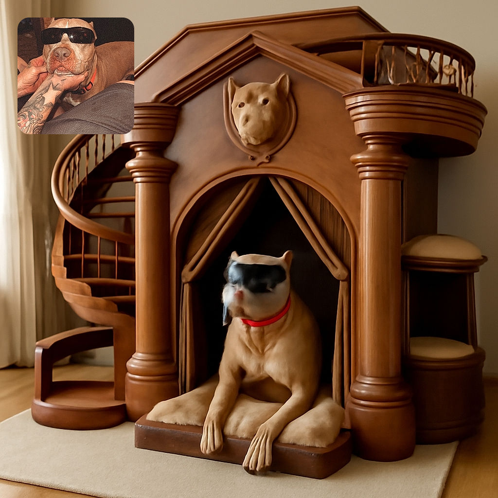 A cool dog sporting oversized black sunglasses, held gently by tattooed hands, chilling indoors with a relaxed vibe. The dog's serious face contrasts humorously with its stylish shades, making it look like the ultimate canine celebrity.