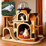 A relaxed calico cat lies sprawled on a patch of green grass, blending in with the natural surroundings while giving a calm, slightly curious look to the camera.