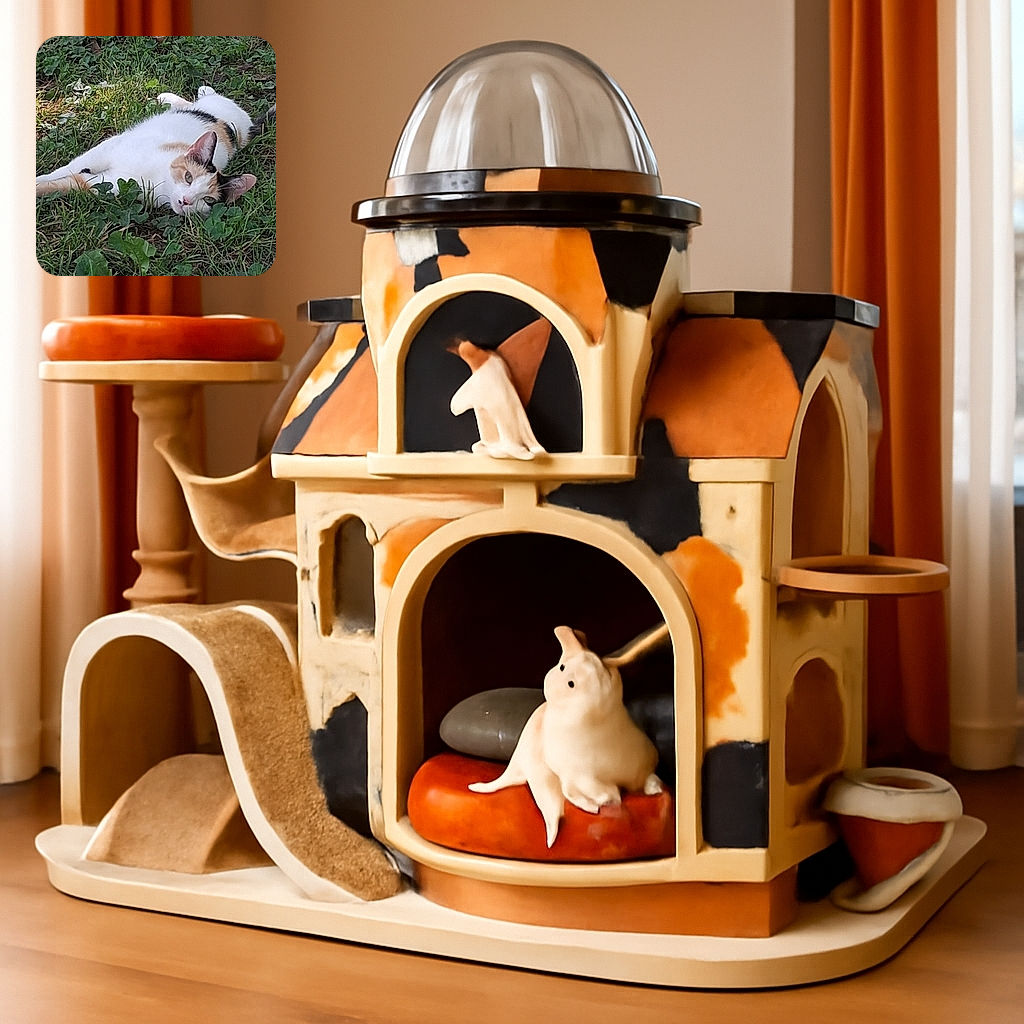 A relaxed calico cat lies sprawled on a patch of green grass, blending in with the natural surroundings while giving a calm, slightly curious look to the camera.