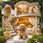 A fluffy curly-haired dog sitting on a decorative outdoor table, looking attentively at the camera with a backdrop of garden decorations and red flowers against a dark fence.