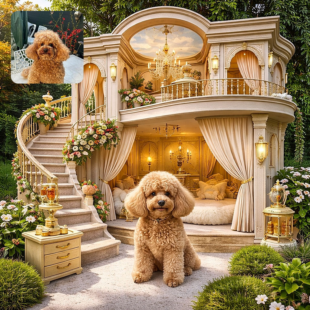 A fluffy curly-haired dog sitting on a decorative outdoor table, looking attentively at the camera with a backdrop of garden decorations and red flowers against a dark fence.
