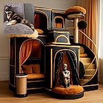 A fluffy, multi-colored cat lounges regally on a soft gray chair, looking alert and majestic as if guarding its throne. The cozy setting and the cat's luxurious fur create a warm, inviting atmosphere.