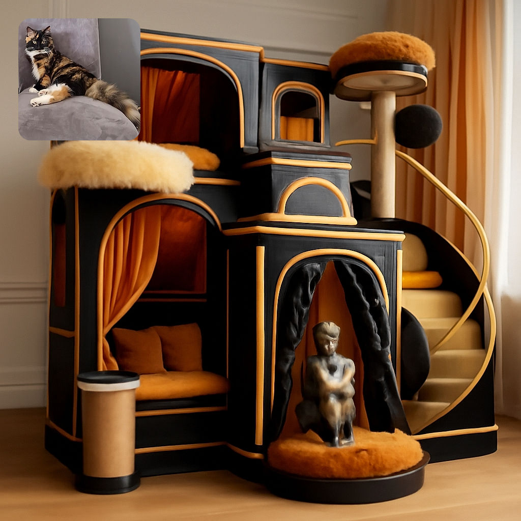 A fluffy, multi-colored cat lounges regally on a soft gray chair, looking alert and majestic as if guarding its throne. The cozy setting and the cat's luxurious fur create a warm, inviting atmosphere.