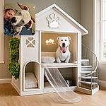 A person and their large white dog are cozily snuggled on a bed, with the dog curiously leaning into the camera lens, making its nose the star of the show. The casual indoor setting, denim jacket, and scattered background items add a slice-of-life charm.