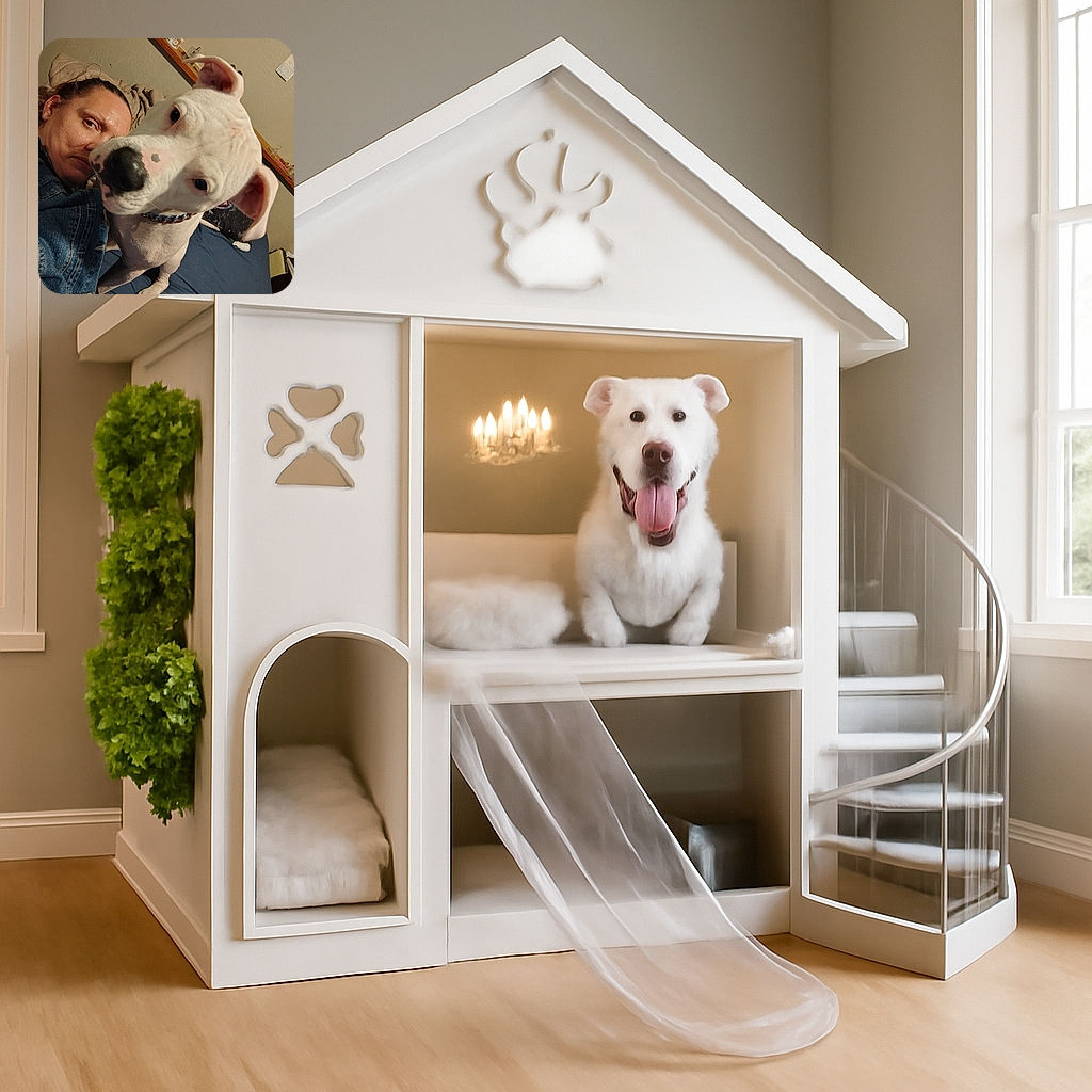 A person and their large white dog are cozily snuggled on a bed, with the dog curiously leaning into the camera lens, making its nose the star of the show. The casual indoor setting, denim jacket, and scattered background items add a slice-of-life charm.