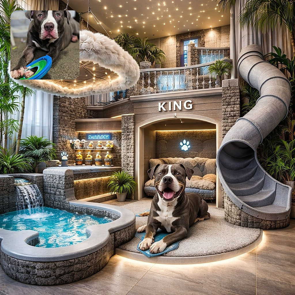 A soulful, big-nosed pup stares straight at the camera like it's waiting for approval to keep chewing its beloved blue-and-green frisbee — carpeted living-room throne and blurred background making it look dramatically important.