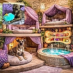 A brindle dog lounges comfortably on a patterned couch, clutching a bright turquoise plush toy with colorful details. The background features a purple cloth adorned with artistic elephant and floral designs, adding a cozy and vibrant atmosphere to the scene.