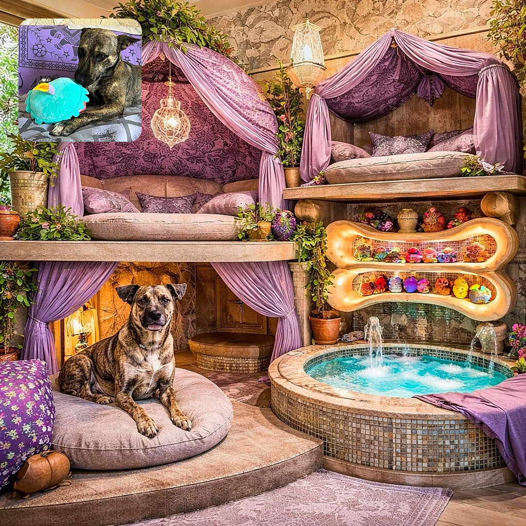 A brindle dog lounges comfortably on a patterned couch, clutching a bright turquoise plush toy with colorful details. The background features a purple cloth adorned with artistic elephant and floral designs, adding a cozy and vibrant atmosphere to the scene.