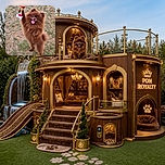 A fluffy brown dog proudly stands on its hind legs like a tiny champion, hoisting a glittering trophy with one paw while its tongue hangs out in perfect victory-lap fashion. The grassy yard becomes the official arena for this very serious sporting legend.