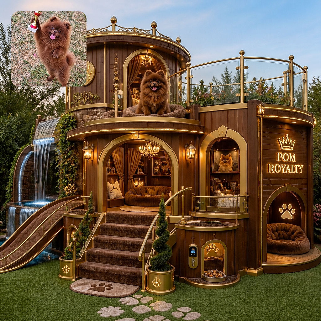 A fluffy brown dog proudly stands on its hind legs like a tiny champion, hoisting a glittering trophy with one paw while its tongue hangs out in perfect victory-lap fashion. The grassy yard becomes the official arena for this very serious sporting legend.