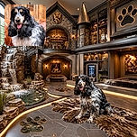 A magnificently fluffy black, white, and tan dog sits proudly on a leather couch, wearing the expression of a distinguished professor who has just discovered the treat cupboard. Its tongue is out, its ears are gloriously wavy, and the wooden wall behind it gives the whole portrait a cozy rustic charm.