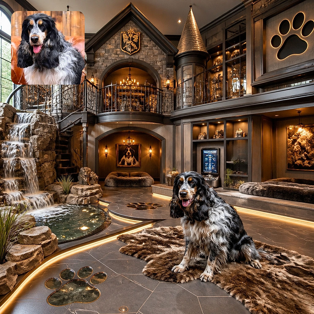 A magnificently fluffy black, white, and tan dog sits proudly on a leather couch, wearing the expression of a distinguished professor who has just discovered the treat cupboard. Its tongue is out, its ears are gloriously wavy, and the wooden wall behind it gives the whole portrait a cozy rustic charm.