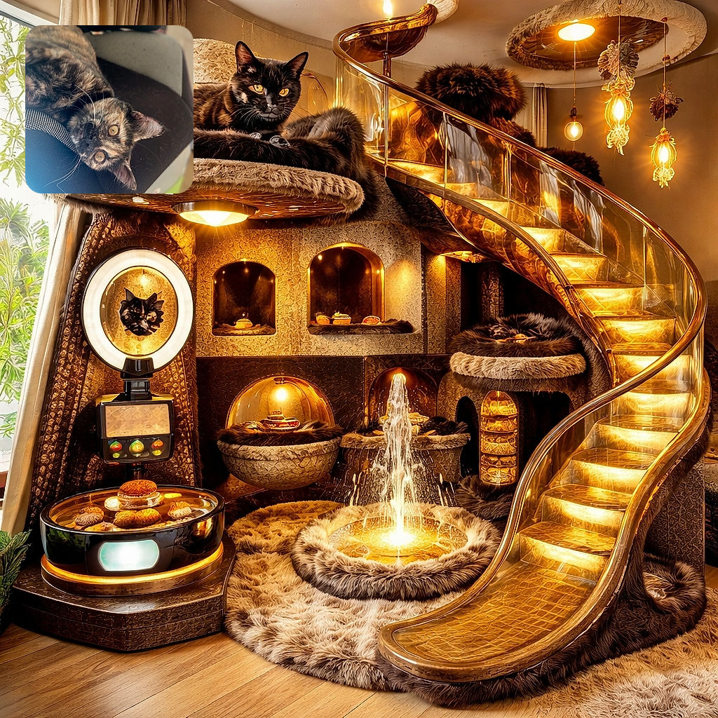 A charming tortoiseshell cat lounges upside down on a cozy black chair armrest, eyes wide open and whiskers twitching, while a colorful set of drawers adds a playful background vibe.