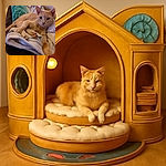 A cozy orange tabby cat lounges comfortably on a soft, folded blanket with a turquoise pillow in the background, gazing calmly at the camera with a relaxed and content expression.