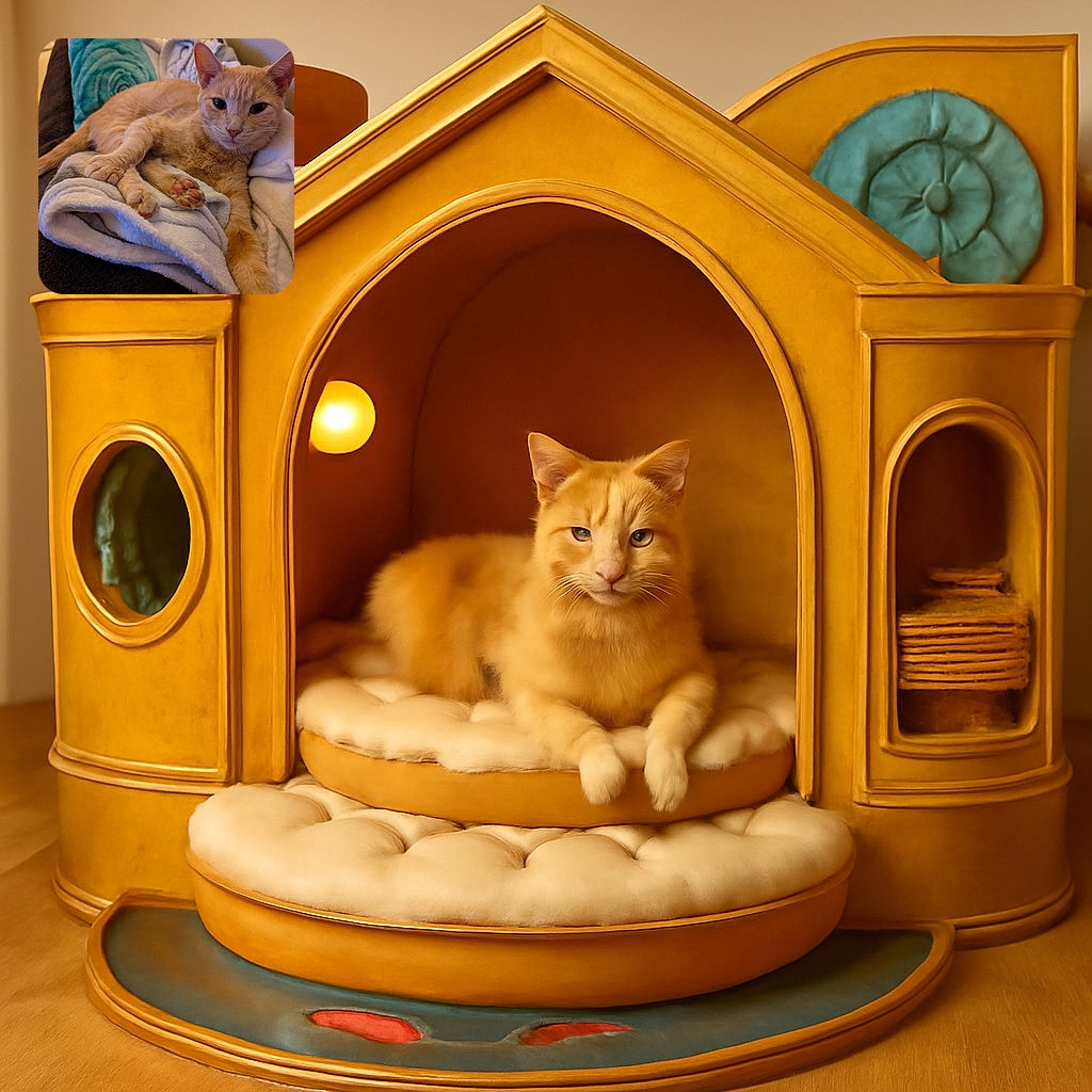 A cozy orange tabby cat lounges comfortably on a soft, folded blanket with a turquoise pillow in the background, gazing calmly at the camera with a relaxed and content expression.