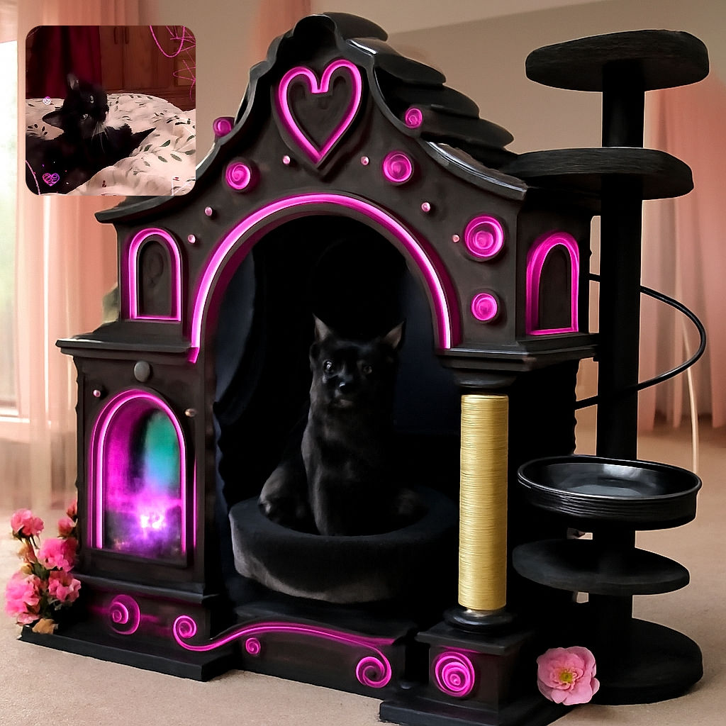 A cozy black cat lounging on a floral-patterned blanket with a wooden cabinet and deep red curtain in the background, framed by playful pink doodle hearts and swirls that add a whimsical touch.