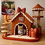 A cozy ginger and white cat wearing a cute little shirt lounges comfortably under a warmly lit Christmas tree, surrounded by festive decorations and a big red gift-shaped pillow.