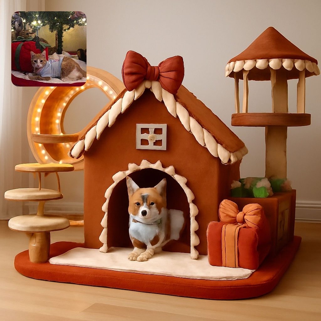 A cozy ginger and white cat wearing a cute little shirt lounges comfortably under a warmly lit Christmas tree, surrounded by festive decorations and a big red gift-shaped pillow.