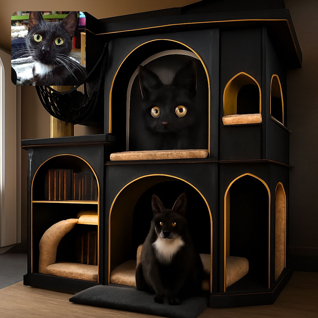 A close-up of a curious black and white cat with striking yellow-green eyes, sitting comfortably indoors with a cozy background of books and furniture slightly out of focus.