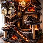 A fluffy tortoiseshell cat lounges lazily on a cozy cat perch, one paw dangling with regal indifference. Behind, a colorful electric fireplace casts a warm glow, adding to the snug ambiance of the room with patterned carpet and soft furnishings.