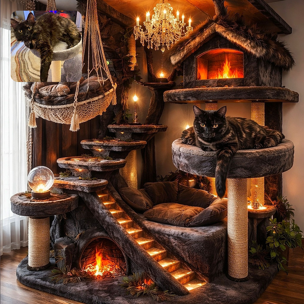 A fluffy tortoiseshell cat lounges lazily on a cozy cat perch, one paw dangling with regal indifference. Behind, a colorful electric fireplace casts a warm glow, adding to the snug ambiance of the room with patterned carpet and soft furnishings.