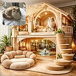 A fluffy, cream-and-white cat is curled up comfortably on a white bedspread, looking slightly unimpressed but cozy. The background shows curtains and a bit of wooden floor, giving a peaceful indoor vibe.