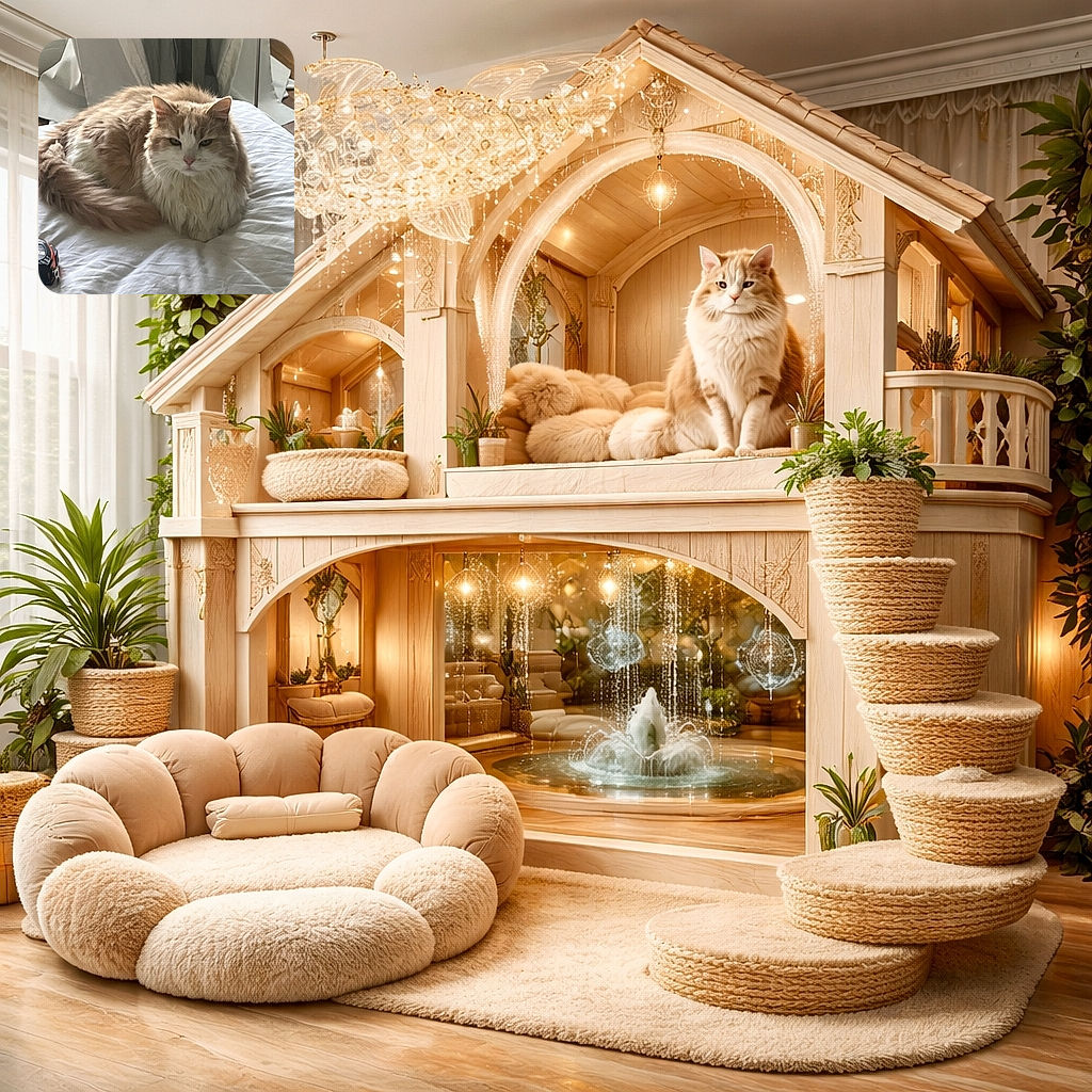 A fluffy, cream-and-white cat is curled up comfortably on a white bedspread, looking slightly unimpressed but cozy. The background shows curtains and a bit of wooden floor, giving a peaceful indoor vibe.