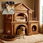 A charming tan dog with soulful eyes stands on a fluffy beige rug, looking up with a mix of curiosity and affection. The wooden floor and decorative items in the background add a cozy home vibe.